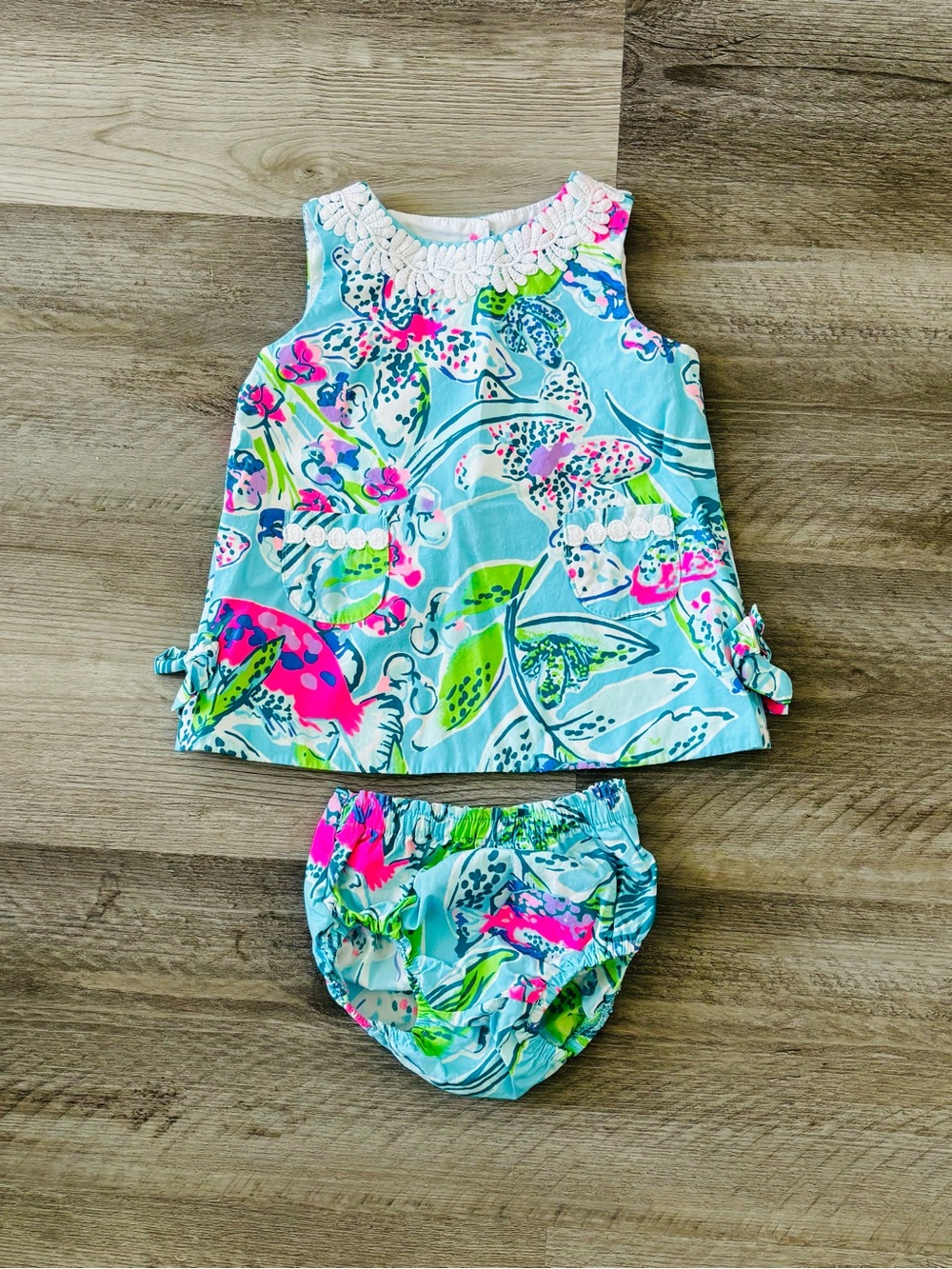 Lilly Pulitzer Aqua blue Floral ocean sea turtle water & Bloomers Set 3-6 Month